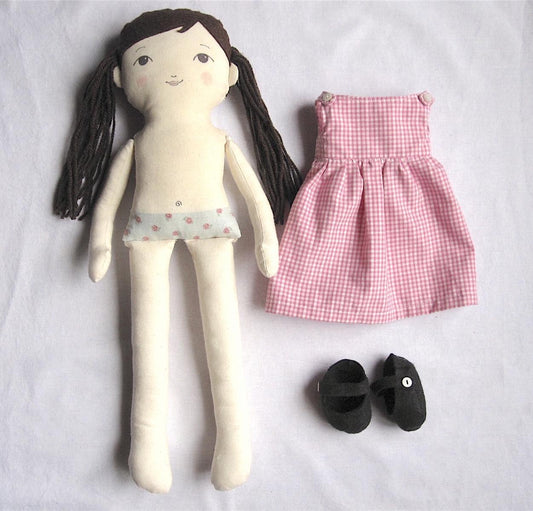 front of rag doll pattern with pinafore dress and felt shoes