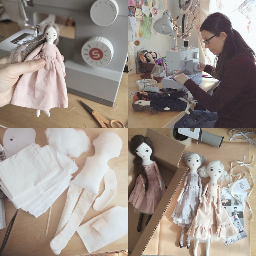 person sewing handmade cloth doll making patterns