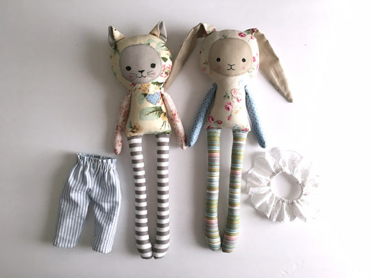 cat and rabbit doll pattern with trousers pants and tutu skirt