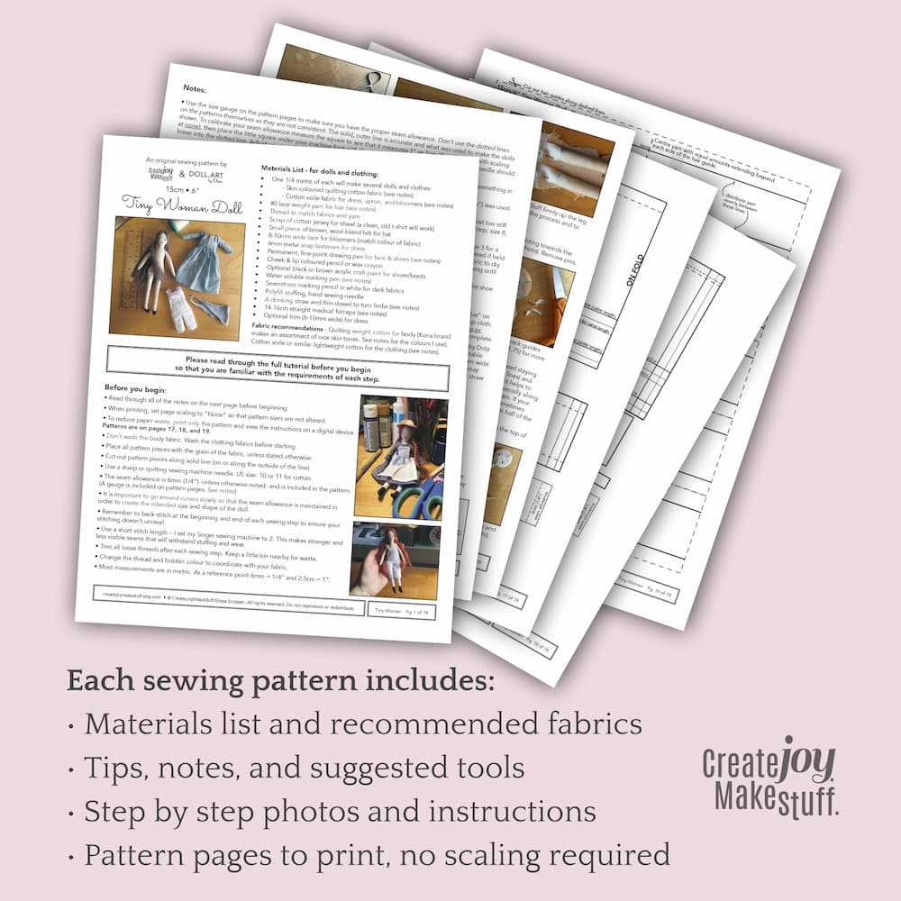 sample pages of doll making sewing pattern PDF file