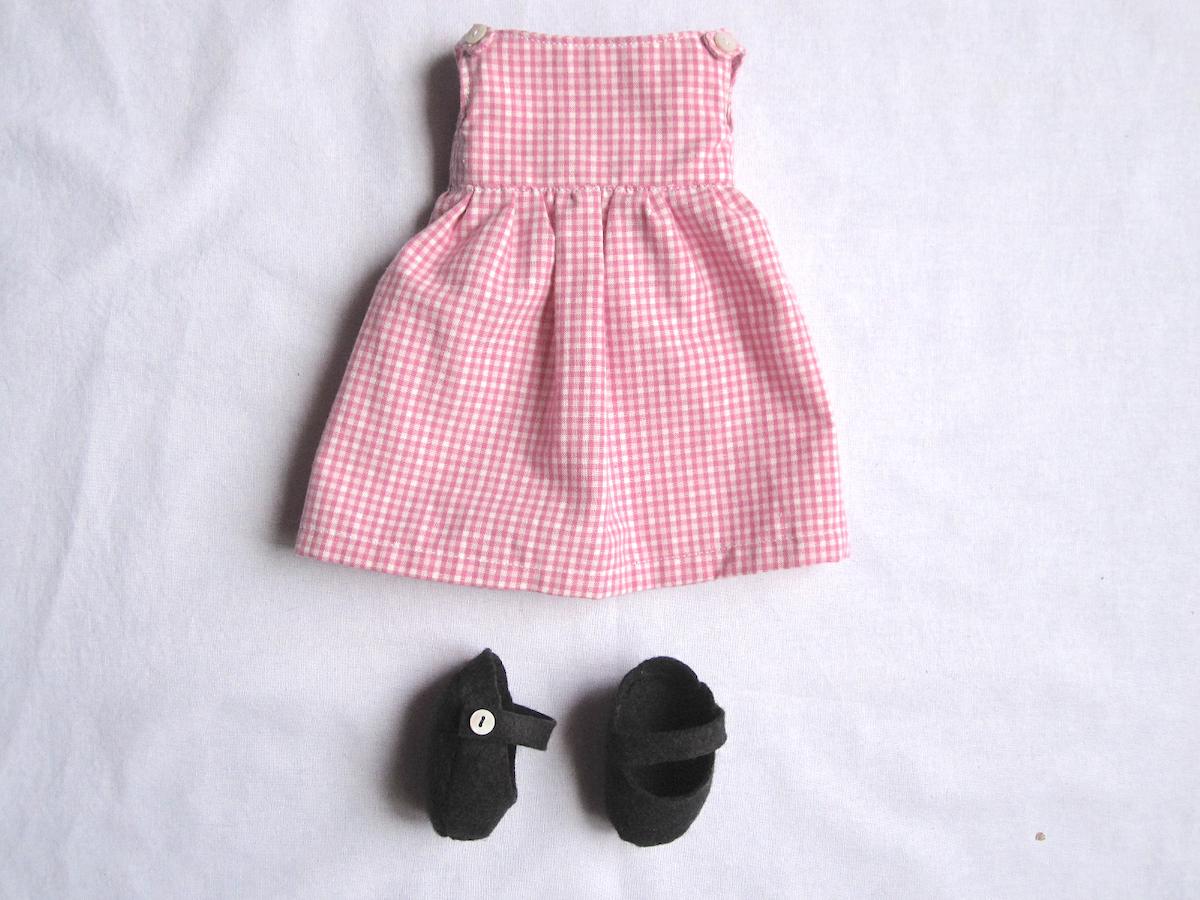 sewing pattern for a pinafore dress and mary-jane shoes