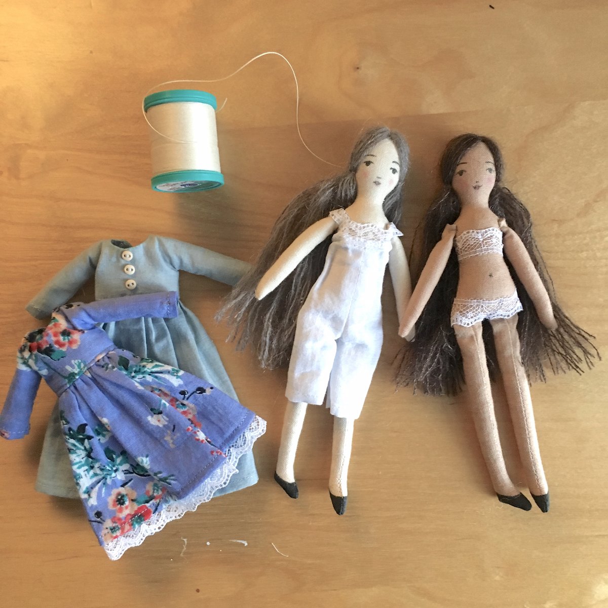sew tiny woman rag dolls with dress and undies