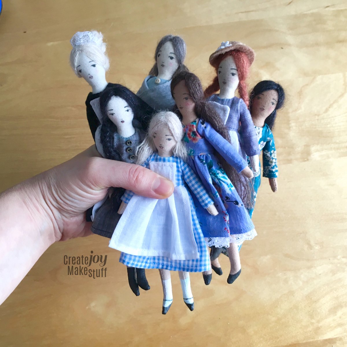 sew a variety of unique tiny woman rag dolls with this pattern